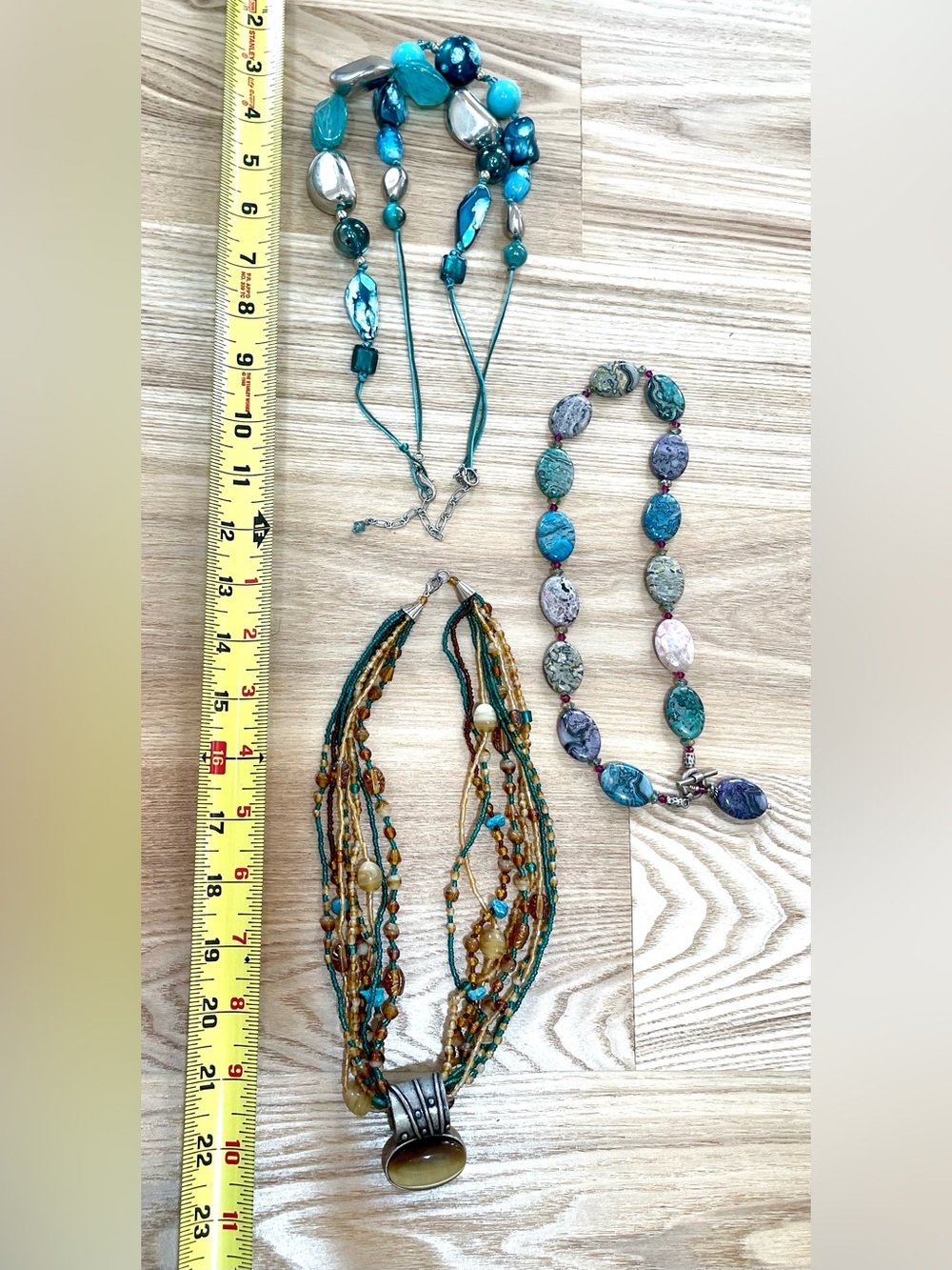 3 Multi-Strand Beaded Necklaces Set in Teal and Amber, multi stones